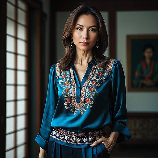 Southeast Asian Woman in Embroidered Silk Blouse