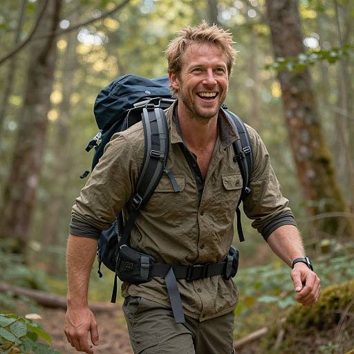 Smiling Man Hiking in Sunlit Forest