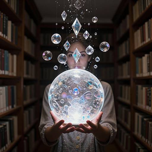Photograph of a person in a dim library, holding a glowing, transparent orb with floating crystals and bubbles.