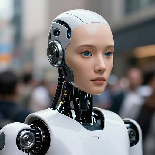 Photorealistic CGI of a young, blue-eyed, female humanoid robot with white and black mechanical parts, standing in a blurred city street.