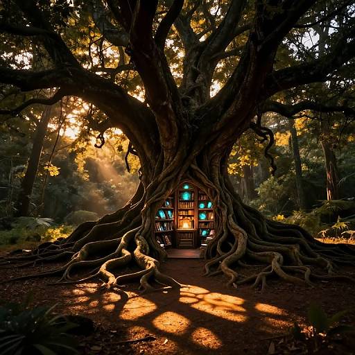 Photograph of a glowing, wooden fairy house nestled in the roots of a massive, ancient tree in a sunlit forest.