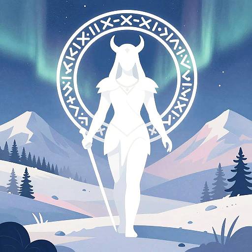 Digital illustration of a white, horned silhouette with staff, standing in snowy mountain landscape under aurora borealis, with circular runes above.