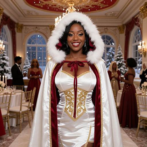Photograph of a smiling Black woman in a white, gold-embroidered gown with a red velvet and white fur-trimmed hood, standing