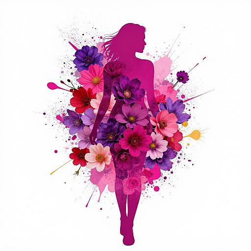 Digital artwork of a magenta silhouette of a woman surrounded by vibrant splashes of pink, purple, and red flowers.