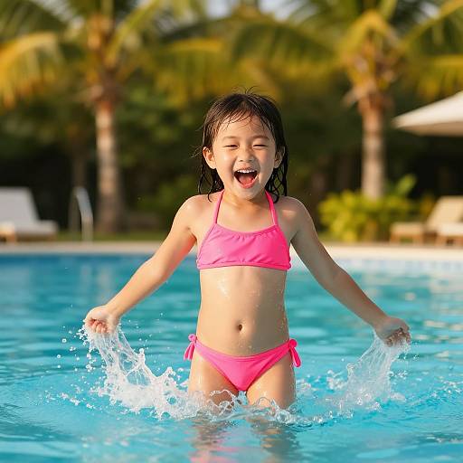 Photograph of a smiling Asian girl with wet black hair, wearing a bright pink bikini, splashing in a sunny pool, with palm trees and lounge