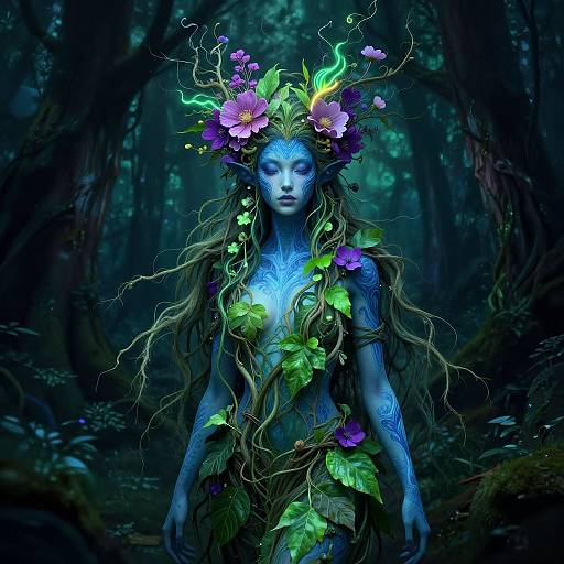Digital fantasy artwork of a blue-skinned, ethereal forest nymph with long, wild hair, adorned with vibrant flowers, leaves, and glowing green tendr