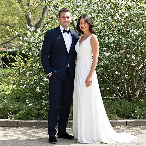 Photograph of a smiling couple in formal attire; man in black tuxedo, woman in white sleeveless gown, standing in a lush garden.