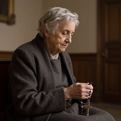 Elderly Woman with Rosary in Reflection
