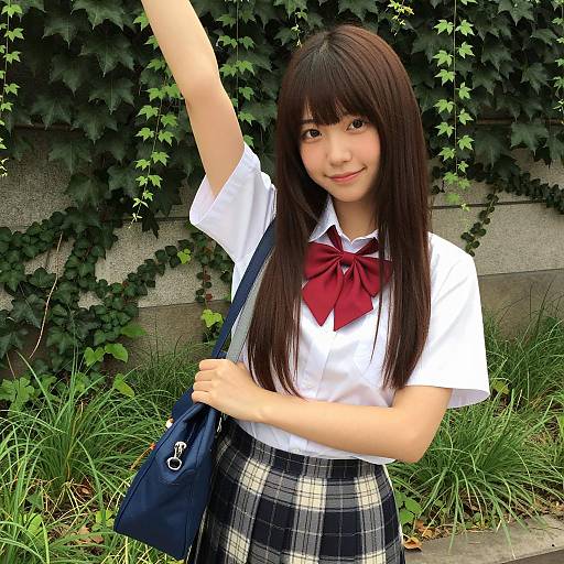 Japanese Schoolgirl Outdoors with Raised Arm