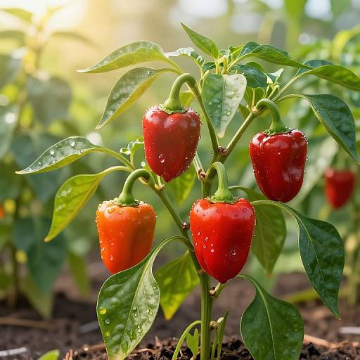 Photograph of vibrant red and orange bell peppers on a green leafy plant, glistening with water droplets in a sunlit garden.