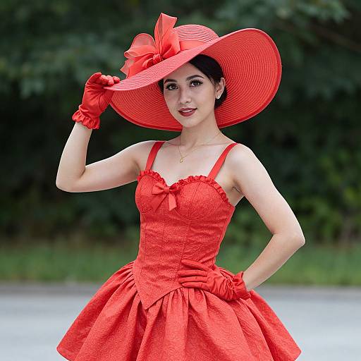 Photograph of a fair-skinned Asian woman in a vibrant red dress, matching hat with bow, and gloves, standing outdoors.