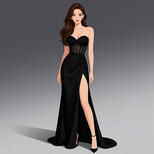 Digital illustration of a slender, fair-skinned woman with long, wavy brown hair, wearing a strapless, black, high-slit gown and