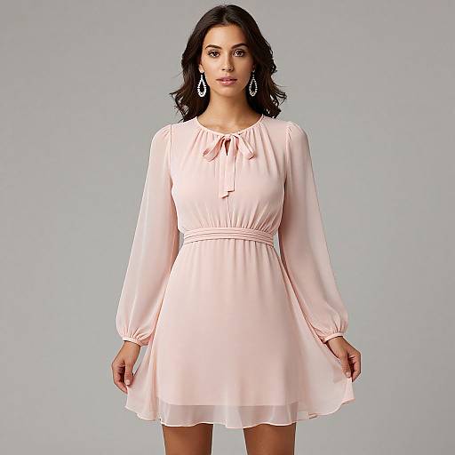 Photograph of a young woman with dark wavy hair wearing a light pink, long-sleeved, knee-length dress with a bow detail, against