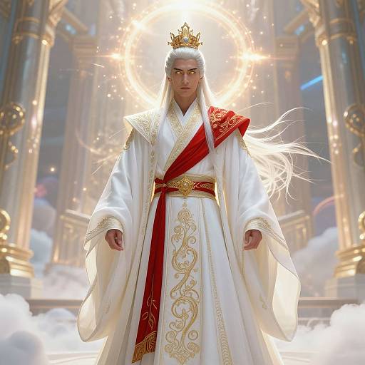 Digital art of a regal figure with long white hair, wearing a golden crown, white ornate robe, and red sash, standing in a