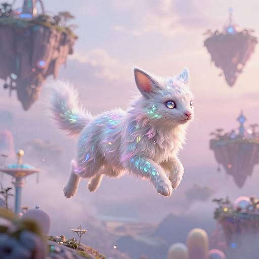 Digital artwork of a glowing, iridescent white, fluffy cat mid-leap in a whimsical, floating island landscape with pastel-colored lights and