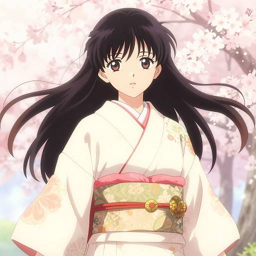 Anime-style digital drawing of a young woman with long black hair, wearing a white kimono with a pink obi, standing against a pink cherry blossom