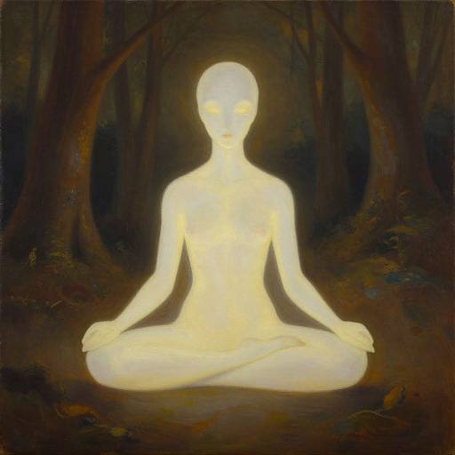 Digital painting of a glowing, ethereal, nude figure with a serene expression, sitting cross-legged in a dark, forested background.