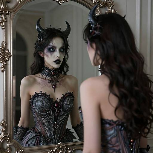 Photograph of a pale woman with black horns, dark makeup, and intricate black corset, gazing at herself in an ornate mirror.
