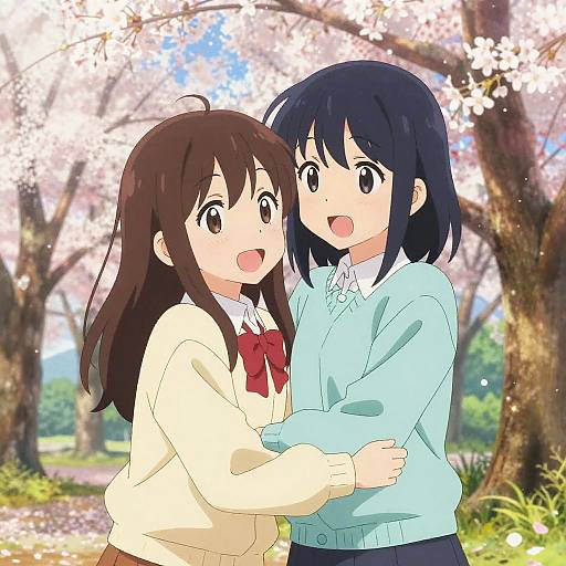 Anime-style drawing of two smiling schoolgirls, one with brown hair in a cream sweater and red bow, the other with blue hair in a light blue