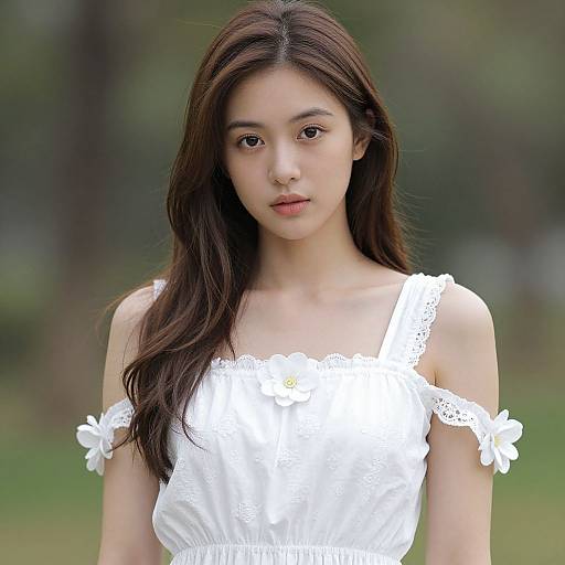 Photograph of an East Asian woman with long dark hair, wearing a white off-shoulder dress with floral accents, standing in a blurred green forest