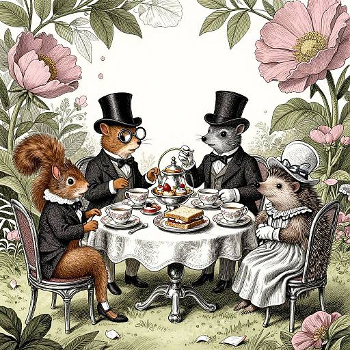 Whimsical illustration of anthropomorphic squirrels and hedgehogs in Victorian attire, dining at a table with large pink flowers, wearing top hats and