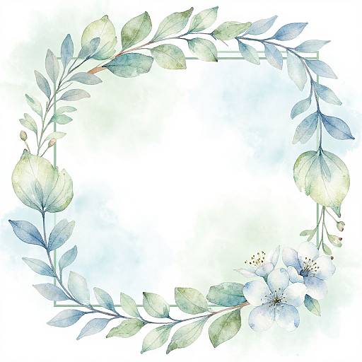 Watercolor floral frame with blue and green leaves, pear-shaped buds, and delicate white flowers, forming a square border on a white background.