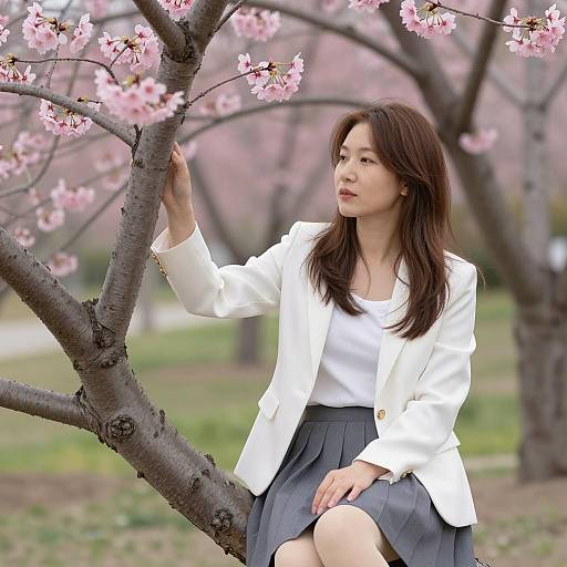 Serene Asian Woman Amid Cherry Blossoms