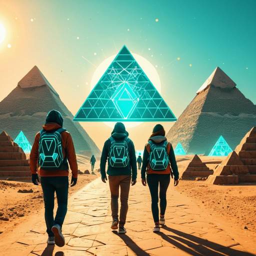 Futuristic Exploration of Pyramids with Glowing Backpacks