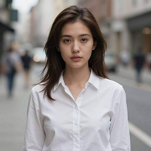 Photograph of a young Asian woman with straight, dark brown hair, wearing a white button-up shirt, standing on a blurred urban street.