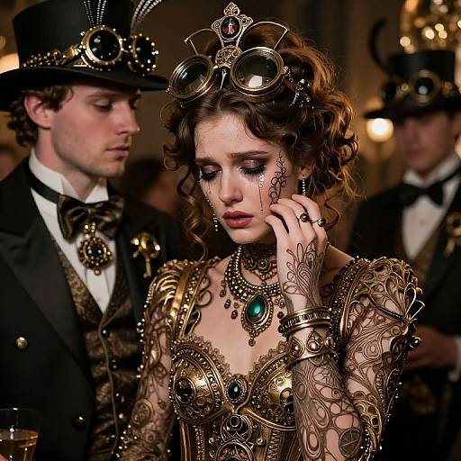 Steampunk photograph: Curly-haired woman with intricate gold armor, goggles, and emerald necklace, touches face, surrounded by top-hatted men