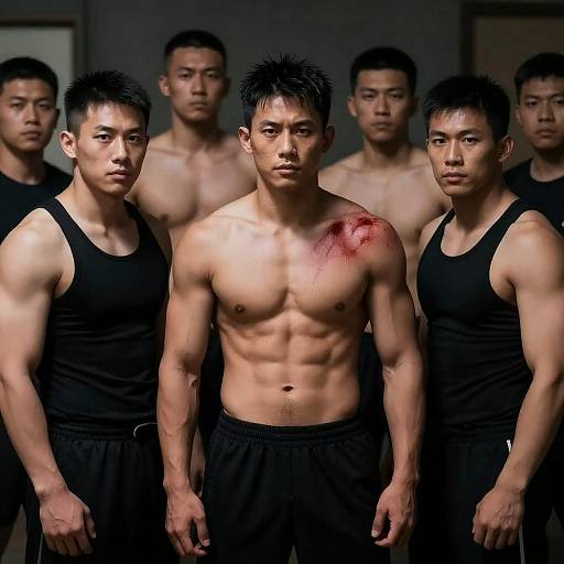 Group of Muscular Asian Men with Injured Leader