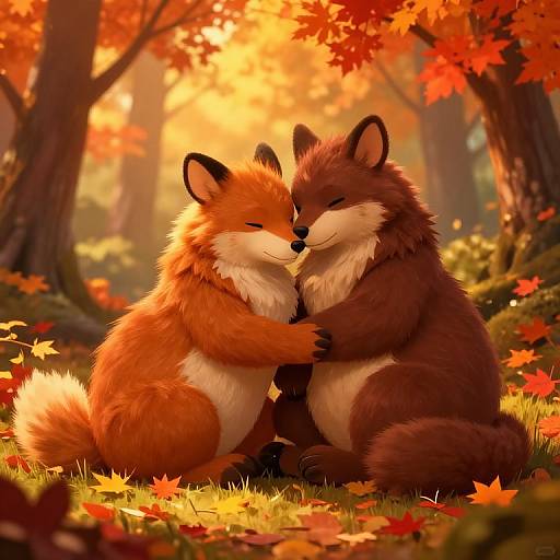 Digital art of two fluffy, cuddling foxes with orange and brown fur, sitting in an autumn forest with vibrant red leaves.