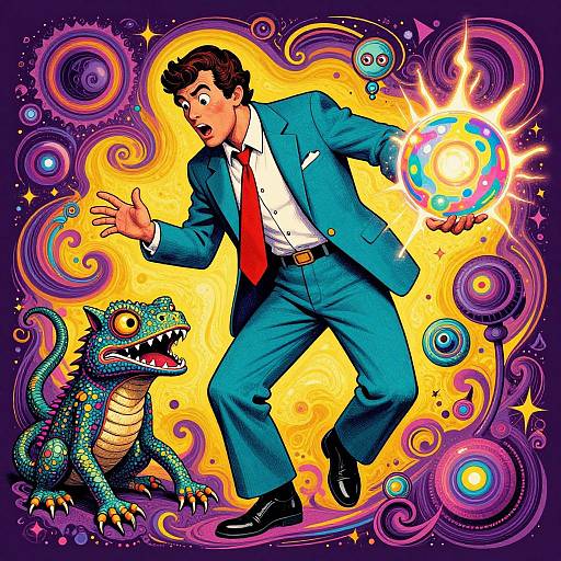 Cartoon-style illustration of a shocked man in a blue suit and red tie, holding a glowing orb, facing a fierce, colorful lizard against a swirling