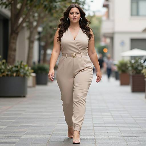 Plus Size Woman in Beige Jumpsuit