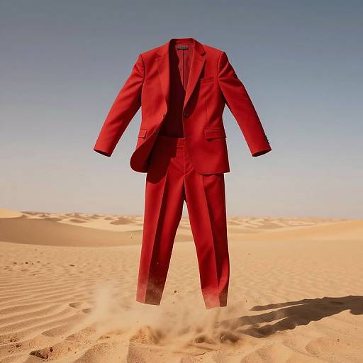Photograph of a vibrant red suit jacket and pants, suspended in mid-air above a desert with golden sand dunes and a clear blue sky.