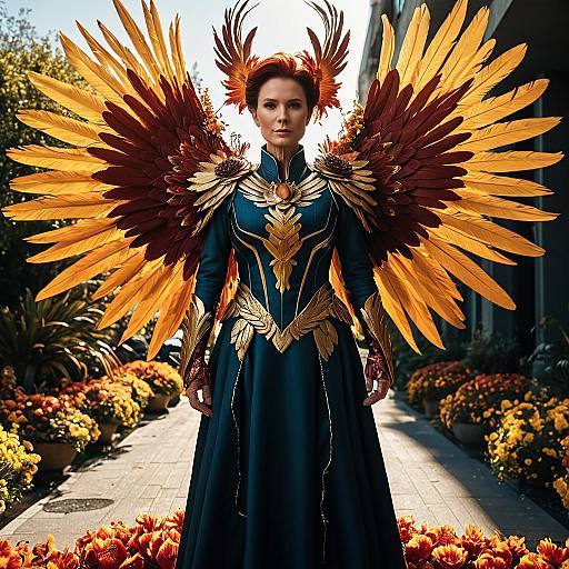 Woman in Detailed Phoenix Costume with Floral Feathers