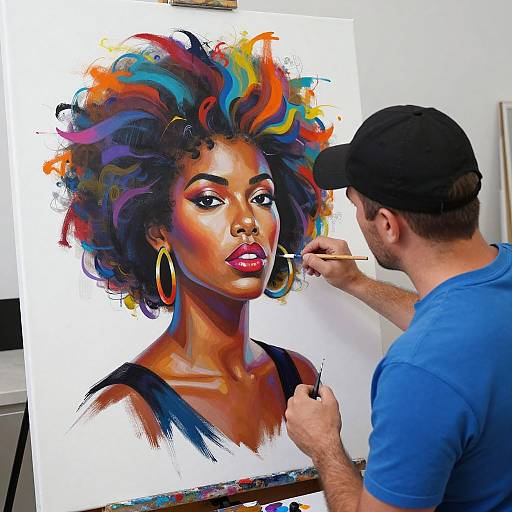 Photograph of a male artist in a blue shirt and black cap, painting a vibrant, Afro-Latina portrait with colorful hair, large hoop earrings