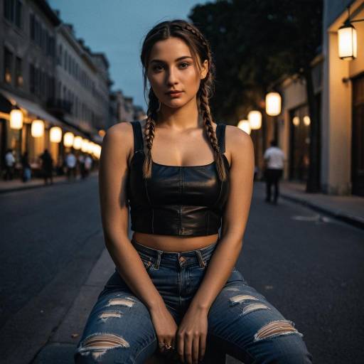 Young Woman in Leather Crop Top Sitting on Street