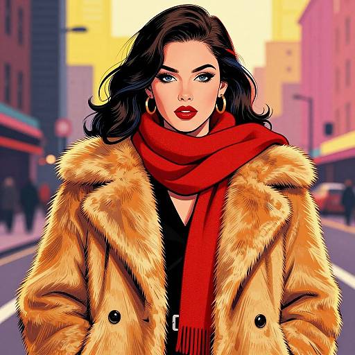 Digital comic-style drawing of a confident woman with fair skin, black wavy hair, red scarf, and fur coat, standing on a colorful urban street