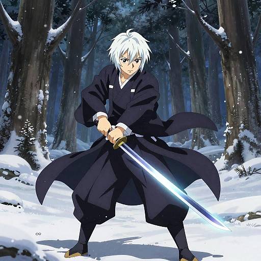 White-Haired Anime Warrior in Snow