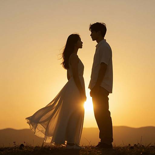 Silhouetted couple facing each other against a golden sunset, the woman in a flowing dress, the man in a shirt and pants, standing on