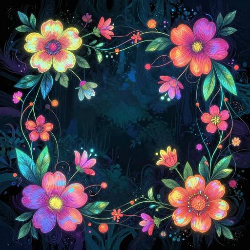Vibrant, neon-colored floral wreath with glowing pink, orange, and yellow flowers, green leaves, and small buds against a dark, star