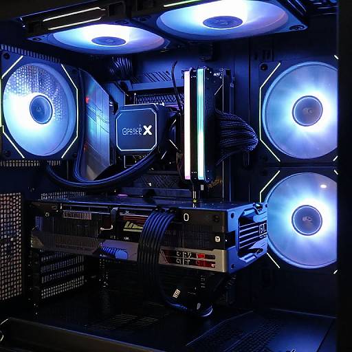 Photograph of a high-tech server room with glowing blue circular lights, black metal racks, and complex wiring, illuminated by bright white and blue LED lights