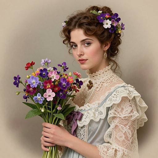 Victorian Woman with Violet Bouquet
