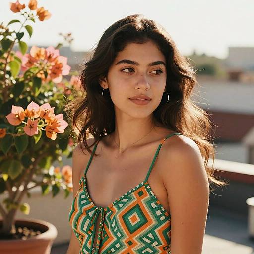 Young Latina in Sunlit Rooftop Garden