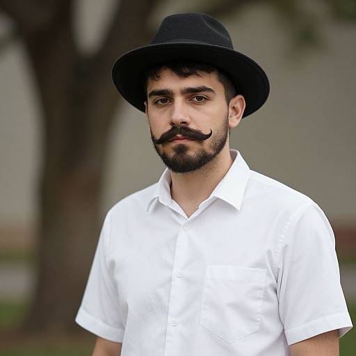 Photograph of a young man with dark hair, black mustache, beard, wearing a black hat and white shirt, standing outdoors.