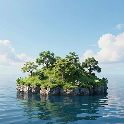A small, lush island with green trees and grass floats on calm, blue ocean under a bright, clear sky.