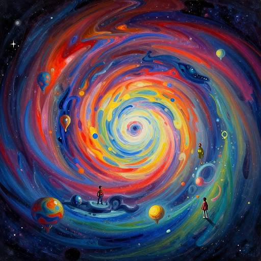 Vibrant, swirling space painting with colorful galaxy center, small figures, planets, and stars. Bright reds, blues, and yellows dominate
