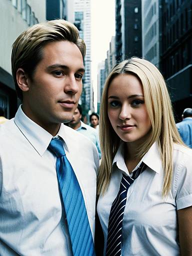 Photograph of a blonde man and woman in white shirts and ties, standing in a busy urban alleyway with tall buildings. Both have straight hair and
