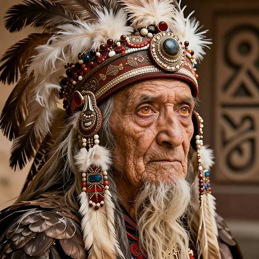 Photograph of an elderly Native American man with a wrinkled face, wearing a detailed, feathered headdress adorned with beads and a large turquoise stone